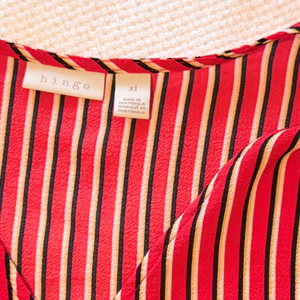 HINGE Striped Wrap Blouse Tie Bow Waist Red & White Stripe Puff Long Sleeve Top - Picture 16 of 16